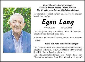 Traueranzeige von Egon Lang von Mannheimer Morgen