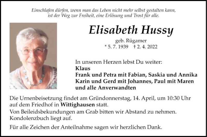  Traueranzeige für Elisabeth Hussy vom 09.04.2022 aus Fränkische Nachrichten