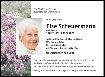 Traueranzeige von Else Scheuermann von Fränkische Nachrichten