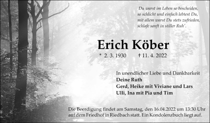  Traueranzeige für Erich Köber vom 14.04.2022 aus Fränkische Nachrichten