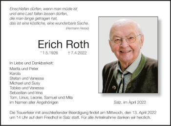 Traueranzeige von Erich Roth von Fränkische Nachrichten