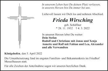 Traueranzeige von Frieda Wirsching von Fränkische Nachrichten