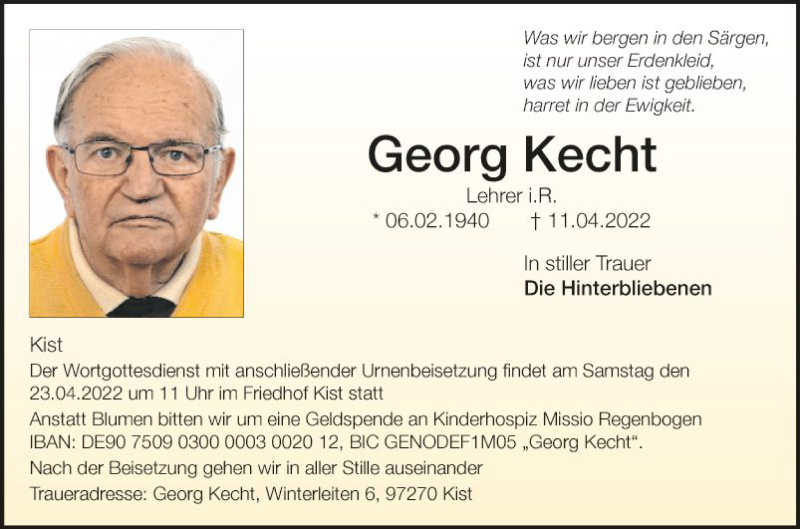  Traueranzeige für Georg Kecht vom 20.04.2022 aus Fränkische Nachrichten