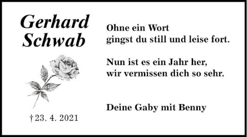  Traueranzeige für Gerhard Schwab vom 23.04.2022 aus Fränkische Nachrichten