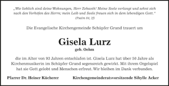 Traueranzeige von Gisela Lurz von Fränkische Nachrichten