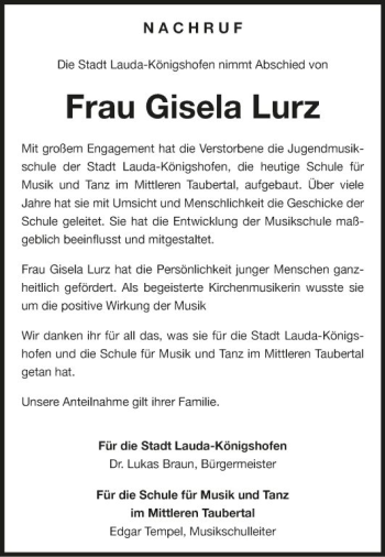 Traueranzeige von Gisela Lurz von Fränkische Nachrichten