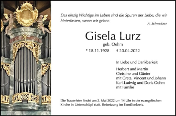Traueranzeige von Gisela Lurz von Fränkische Nachrichten