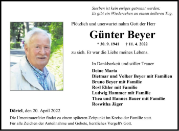 Traueranzeige von Günter Beyer von Fränkische Nachrichten