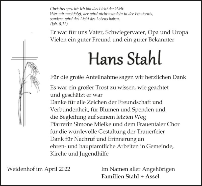  Traueranzeige für Hans Stahl vom 16.04.2022 aus Fränkische Nachrichten