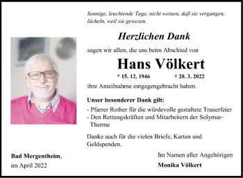 Traueranzeige von Hans Völkert von Fränkische Nachrichten