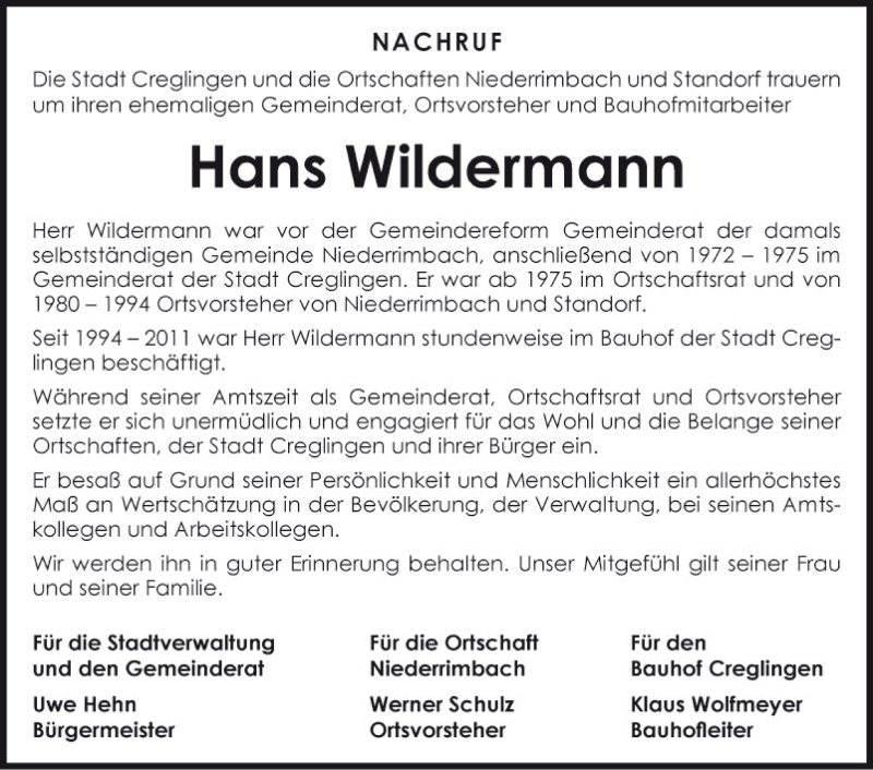 Traueranzeige für Hans Wildermann vom 28.04.2022 aus Fränkische Nachrichten