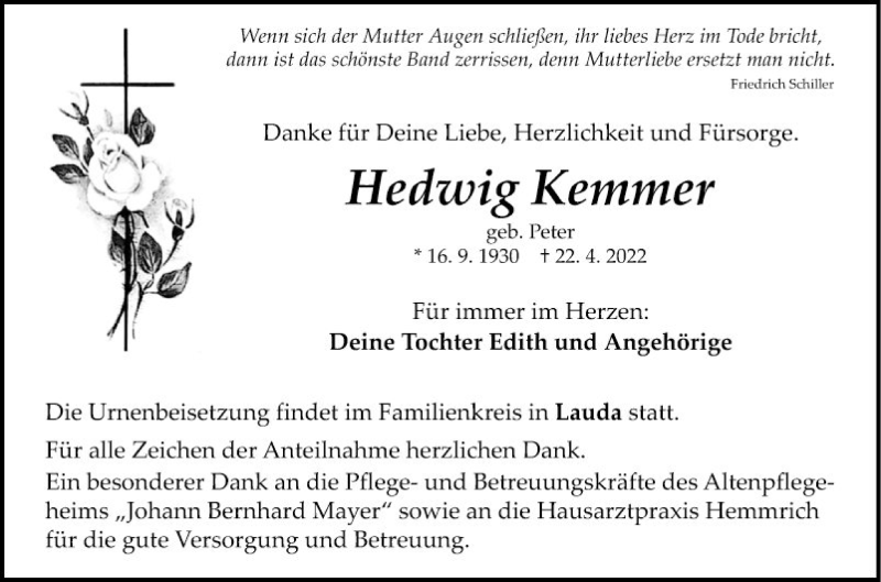  Traueranzeige für Hedwig Kemmer vom 28.04.2022 aus Fränkische Nachrichten