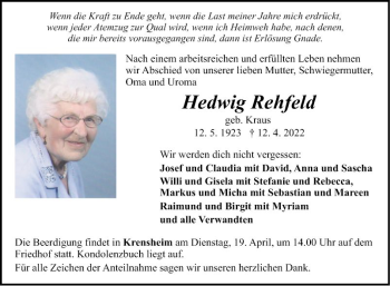 Traueranzeige von Hedwig Rehfeld von Fränkische Nachrichten