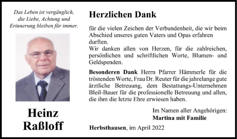  Traueranzeige für Heinz Raßloff vom 16.04.2022 aus Fränkische Nachrichten