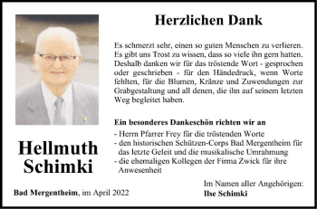 Traueranzeige von Hellmuth Schimki von Fränkische Nachrichten