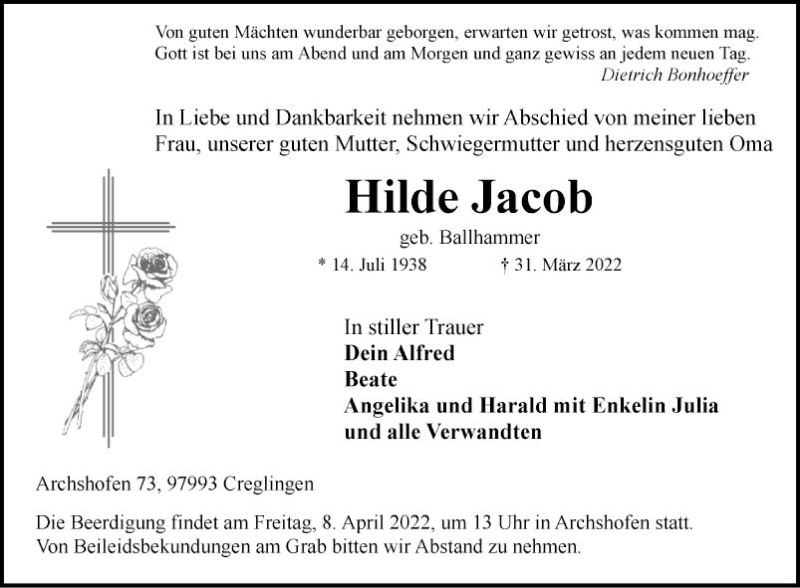  Traueranzeige für Hilde Jacob vom 06.04.2022 aus Fränkische Nachrichten
