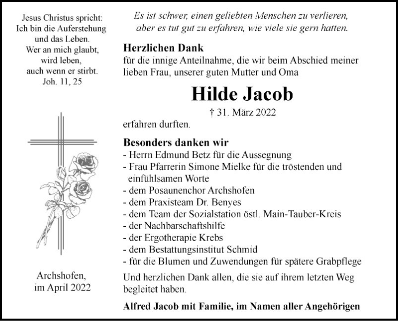  Traueranzeige für Hilde Jacob vom 27.04.2022 aus Fränkische Nachrichten