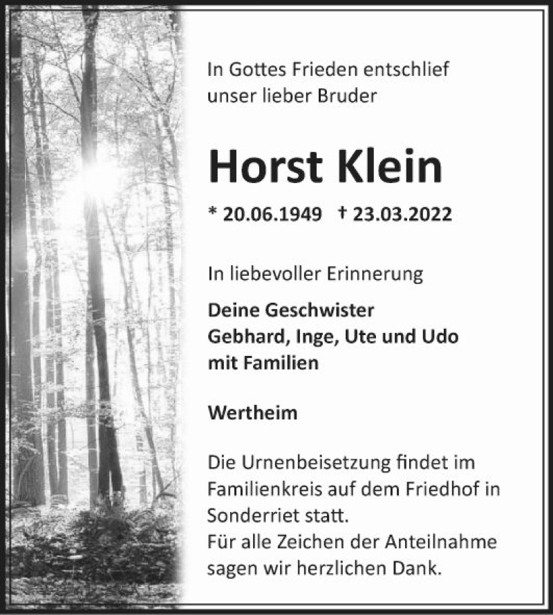  Traueranzeige für Horst Klein vom 02.04.2022 aus Fränkische Nachrichten