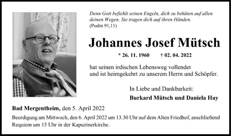  Traueranzeige für Johannes Josef Mütsch vom 05.04.2022 aus Fränkische Nachrichten