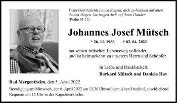 Traueranzeige von Johannes Josef Mütsch von Fränkische Nachrichten