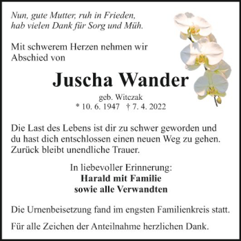 Traueranzeige von Juscha Wander von Fränkische Nachrichten