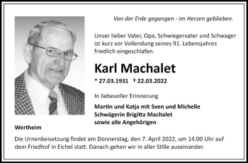 Traueranzeige von Karl Machalet von Fränkische Nachrichten