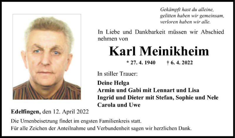  Traueranzeige für Karl Meinikheim vom 12.04.2022 aus Fränkische Nachrichten
