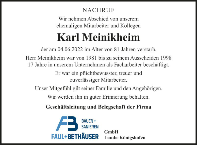  Traueranzeige für Karl Meinikheim vom 19.04.2022 aus Fränkische Nachrichten