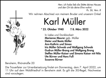 Traueranzeige von Karl Müller von Bergsträßer Anzeiger
