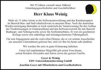 Traueranzeige von Klaus Weinig von Fränkische Nachrichten
