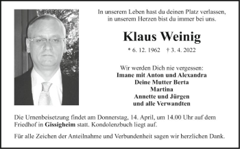 Traueranzeige von Klaus Weinig von Fränkische Nachrichten