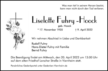 Traueranzeige von Liselotte Fuhry-Hoock von Mannheimer Morgen