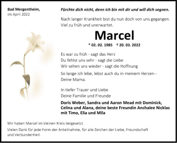 Traueranzeige von Marcel  von Fränkische Nachrichten