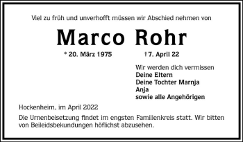 Traueranzeige von Marco Rohr von Schwetzinger Zeitung