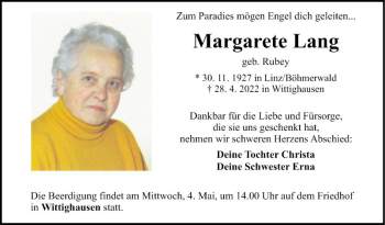 Traueranzeige von Margarete Lang von Fränkische Nachrichten