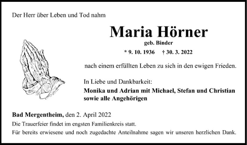  Traueranzeige für Maria Hörner vom 02.04.2022 aus Fränkische Nachrichten