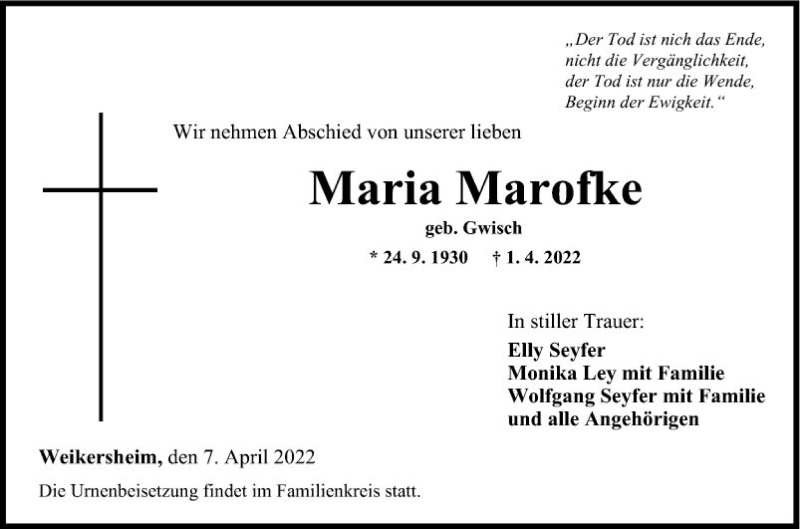  Traueranzeige für Maria Marofke vom 07.04.2022 aus Fränkische Nachrichten