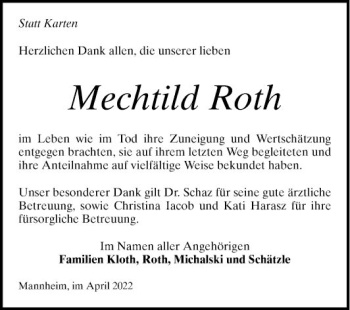 Traueranzeige von Mechtild Roth von Mannheimer Morgen