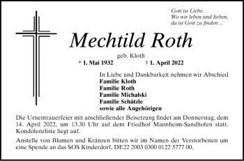 Traueranzeige von Mechtild Roth von Mannheimer Morgen