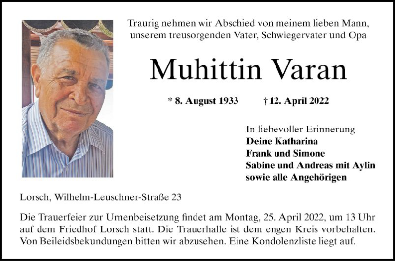  Traueranzeige für Muhittin Varan vom 23.04.2022 aus Bergsträßer Anzeiger