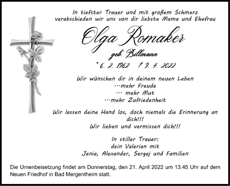  Traueranzeige für Olga Romaker vom 16.04.2022 aus Fränkische Nachrichten