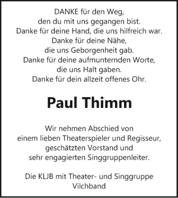 Traueranzeige von Paul Thimm von Fränkische Nachrichten