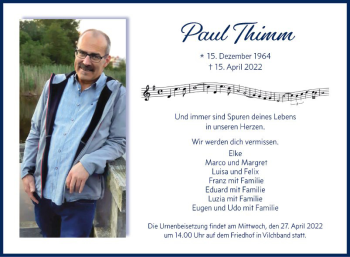 Traueranzeige von Paul Thimm von Fränkische Nachrichten