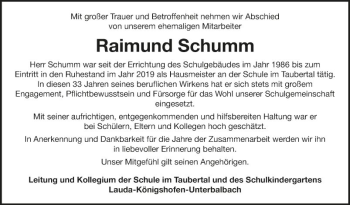 Traueranzeige von Raimund Schumm von Fränkische Nachrichten