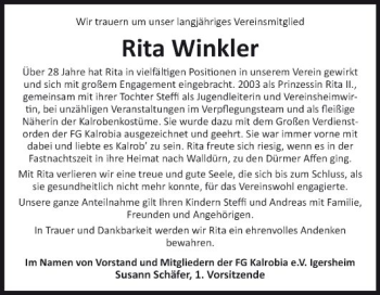 Traueranzeige von Rita Winkler von Fränkische Nachrichten