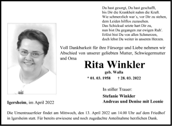 Traueranzeige von Rita Winkler von Fränkische Nachrichten