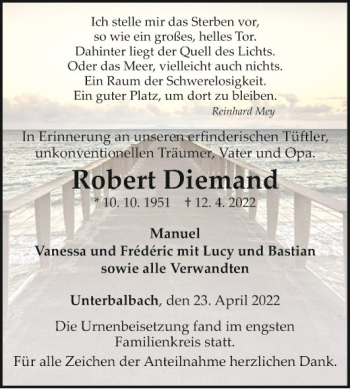 Traueranzeige von Robert Diemand von Fränkische Nachrichten