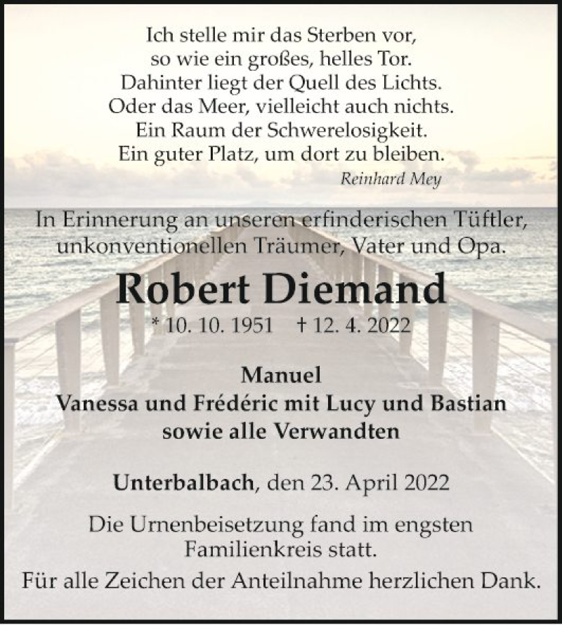  Traueranzeige für Robert Diemand vom 23.04.2022 aus Fränkische Nachrichten
