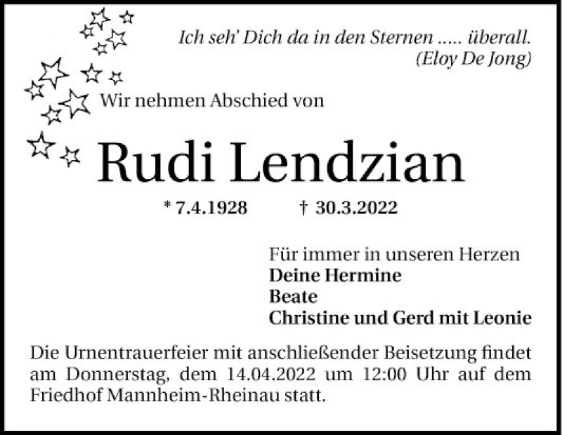  Traueranzeige für Rudi Lendzian vom 09.04.2022 aus Mannheimer Morgen