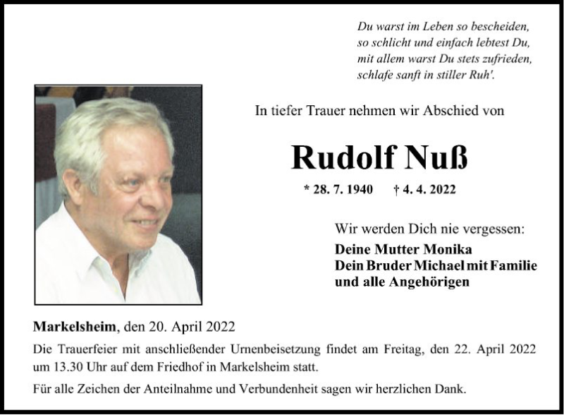  Traueranzeige für Rudolf Nuß vom 20.04.2022 aus Fränkische Nachrichten
